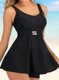 Solid Color Keyhole Tassels Strap Retro Luxury Swimdresses Swimsuits - soofoom.com