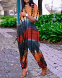 Tie Dye Print Short Sleeve Pocket Design Jumpsuit