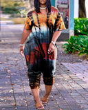 Tie Dye Print Short Sleeve Pocket Design Jumpsuit