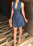 Sleeveless V-Neck Tie Waist Shirt Dress