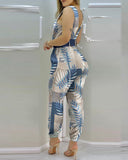 Tropical Print Pocket Design Backless Jumpsuit