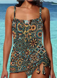 Splice color Strap U-Neck Vintage Boho Swimdresses Swimsuits