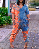 Tie Dye Print Pocket Design Short Sleeve Jumpsuit