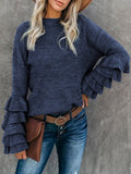 Solid Color Petal Sleeve Cable Knit Sweater