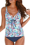 Stripe Print V Neck Tankini Set