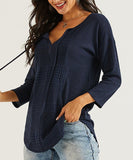 Navy Embroidered Notch Neck Hi-Low Tunic Top