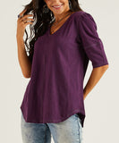 Purple Puff-Sleeve Contrast-Stitch Tunic Top