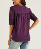 Purple Puff-Sleeve Contrast-Stitch Tunic Top