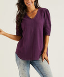 Purple Puff-Sleeve Contrast-Stitch Tunic Top