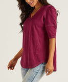 Berry Puff-Sleeve Contrast-Stitch A-Line Tunic Top