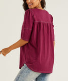 Berry Puff-Sleeve Contrast-Stitch A-Line Tunic Top