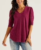 Berry Puff-Sleeve Contrast-Stitch A-Line Tunic Top