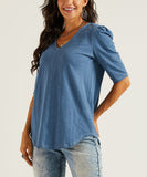 Denim Blue Puff-Sleeve Contrast-Stitch A-Line Tunic Top