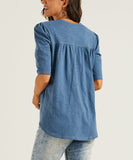 Denim Blue Puff-Sleeve Contrast-Stitch A-Line Tunic Top