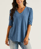 Denim Blue Puff-Sleeve Contrast-Stitch A-Line Tunic Top