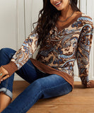 Brown & Blue Paisley Floral V-Neck Hi-Low Tunic Top