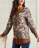 Brown & Blue Paisley Floral V-Neck Hi-Low Tunic Top