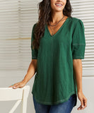 Dark Green Puff-Sleeve Contrast-Stitch Tunic Top