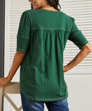 Dark Green Puff-Sleeve Contrast-Stitch Tunic Top