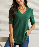 Dark Green Puff-Sleeve Contrast-Stitch Tunic Top