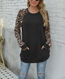 Black & Tan Leopard-Contrast Scoop-Neck Pocket Tunic Top