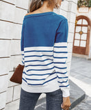 Blue & White Color Block Stripe V-Neck Top