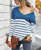 Blue & White Color Block Stripe V-Neck Top