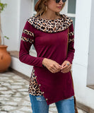 Wine Leopard-Contrast Button-Accent Asymmetrical-Hem Tunic Top