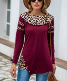 Wine Leopard-Contrast Button-Accent Asymmetrical-Hem Tunic Top