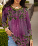 Purple & Olive Abstract Contrast-Trim Long-Sleeve V-Neck Tunic