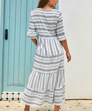 White & Blue Stripe Tiered Notch Neck Midi Dress