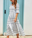 White & Blue Stripe Tiered Notch Neck Midi Dress