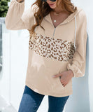 Leopard Color Block Waffle-Knit Half-Zip Hoodie