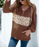 Leopard Color Block Waffle-Knit Half-Zip Hoodie