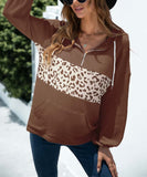 Leopard Color Block Waffle-Knit Half-Zip Hoodie