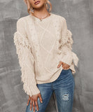 Rice Cable-Knit Fringed Crewneck Sweater