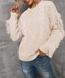 Rice Cable-Knit Fringed Crewneck Sweater