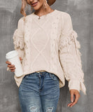 Rice Cable-Knit Fringed Crewneck Sweater